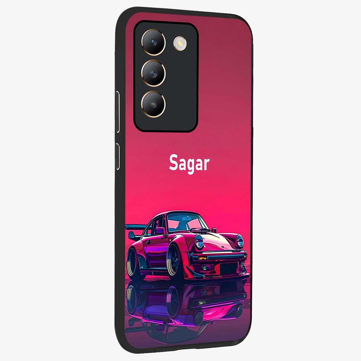 Neon Pink Porsche Glass Case upright view showcasing vibrant sports car artwork with bold automotive theme.
