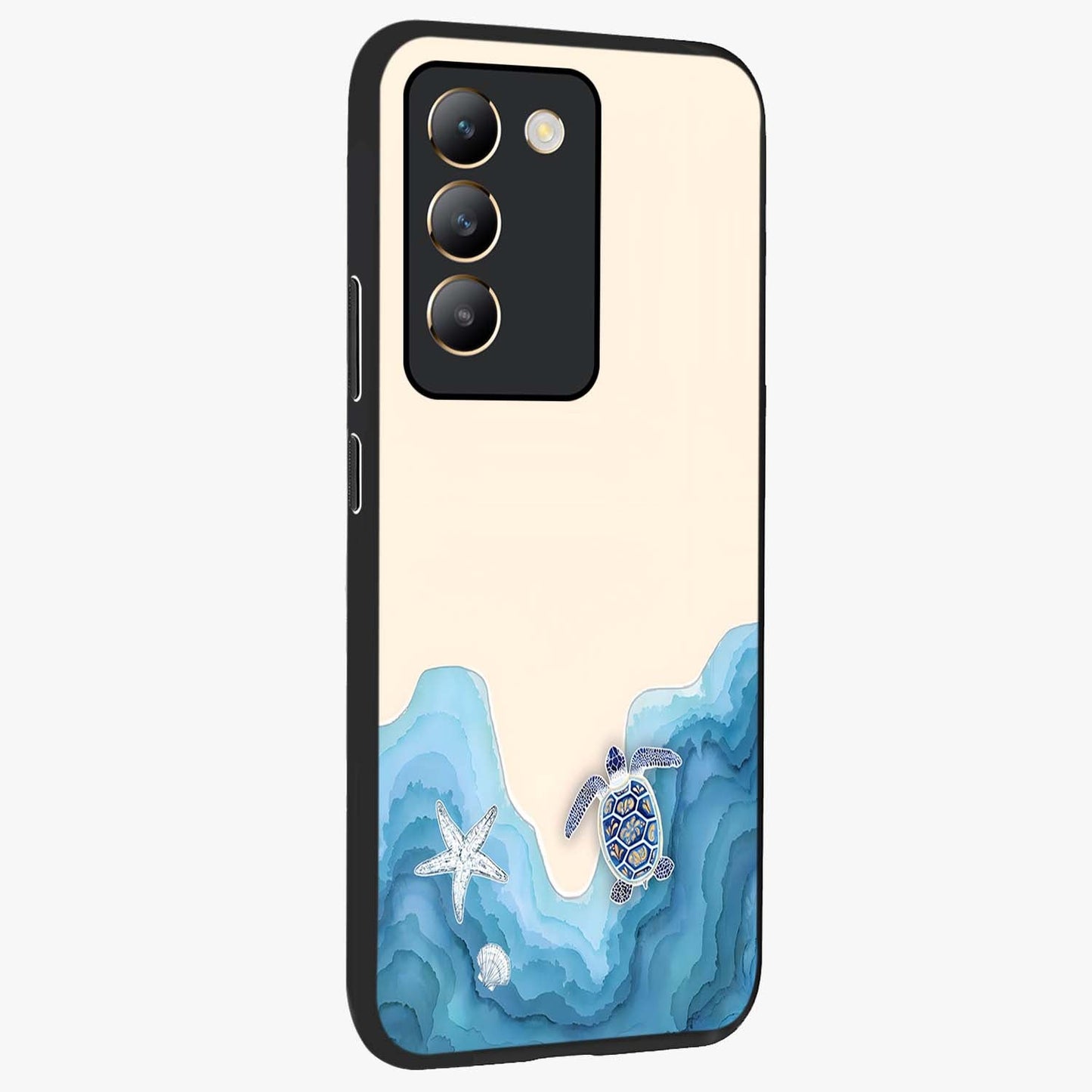 Ocean Drift Turtle Glass Case upright view showcasing calm underwater turtle artwork with nature inspired theme.