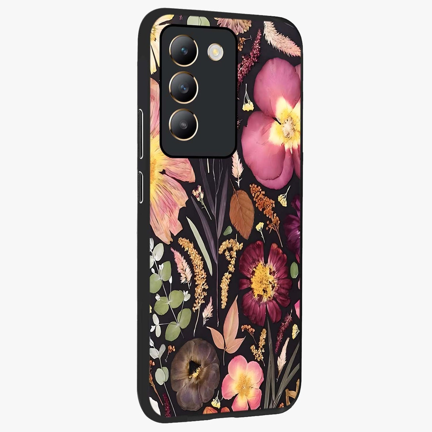Petal Dream Tapestry Glass Case upright view showcasing detailed floral tapestry artwork with artistic nature theme.