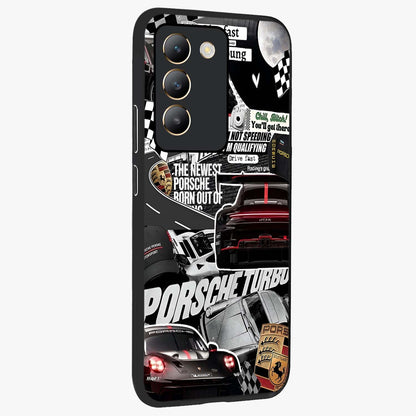 Porsche Racing Collage Glass Case upright view showcasing energetic car collage artwork with high speed racing theme.