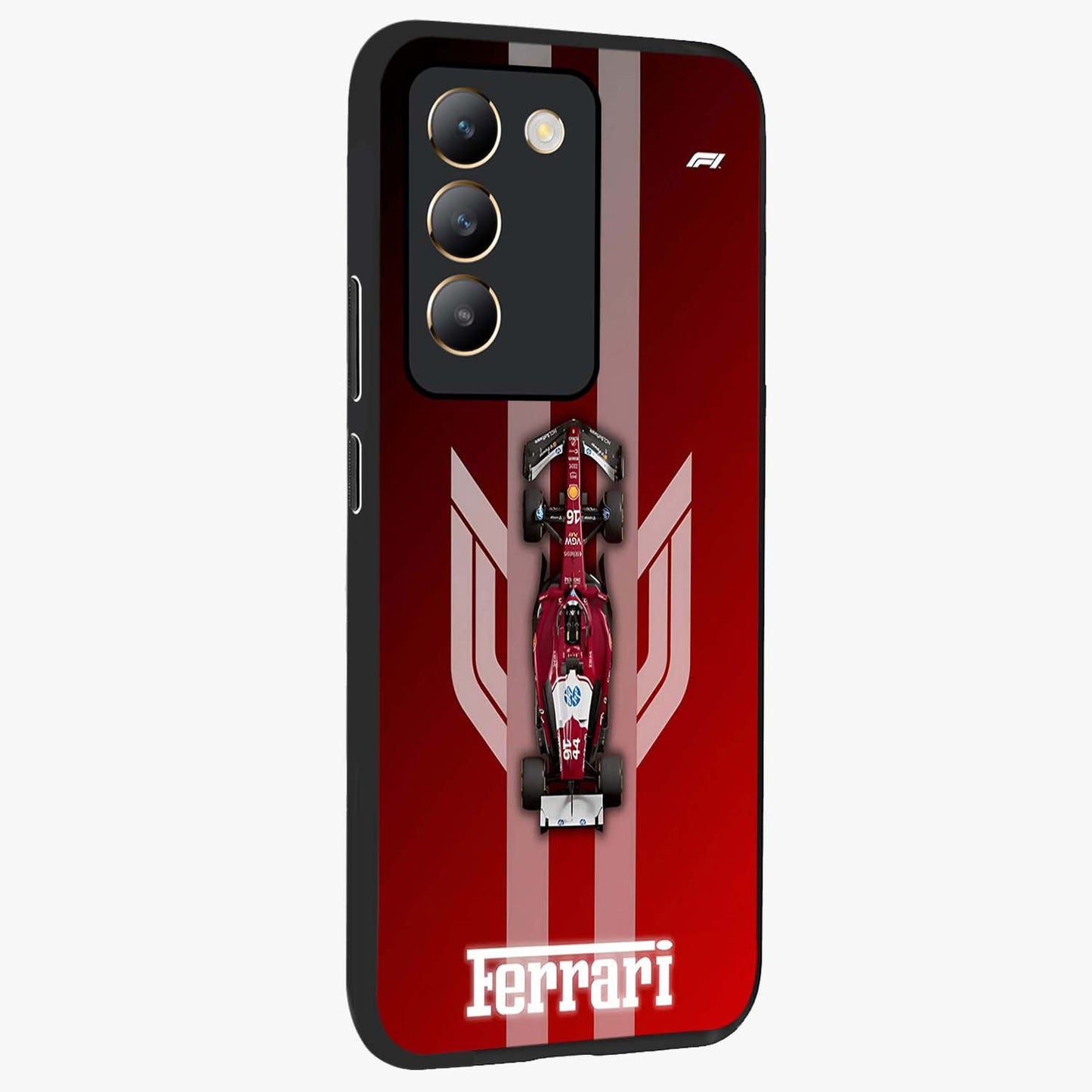 Red Ferrari F1 Vertical Glass Case upright view showcasing powerful Formula car artwork with dynamic motorsport theme.