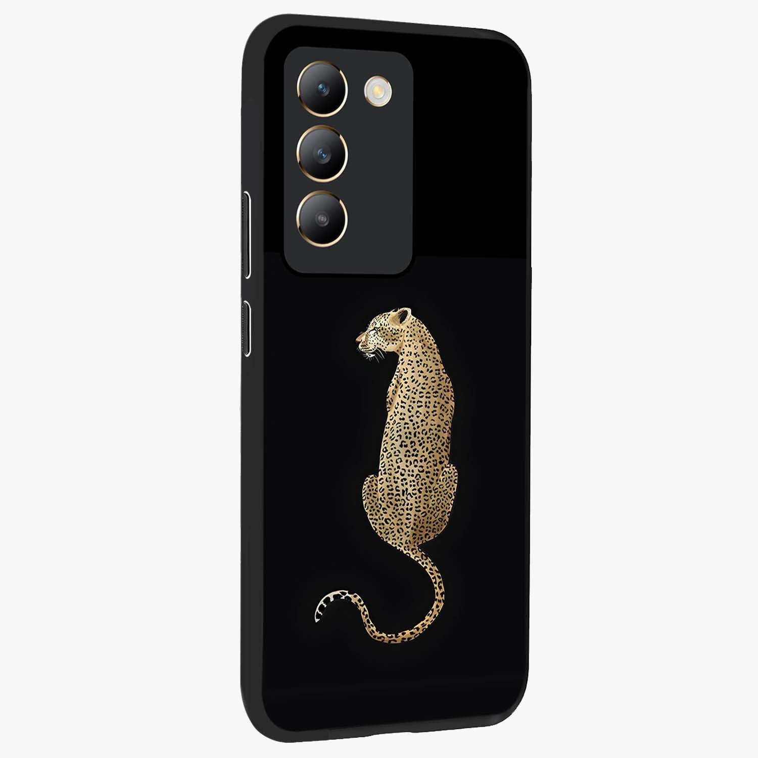 Regal Leopard Glass Case upright view showcasing striking leopard artwork with fierce wildlife theme.