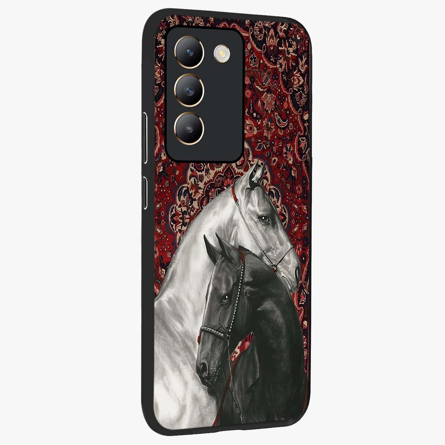 Regal Stallion Tapestry Glass Case upright view showcasing powerful horse artwork with elegant tapestry theme.