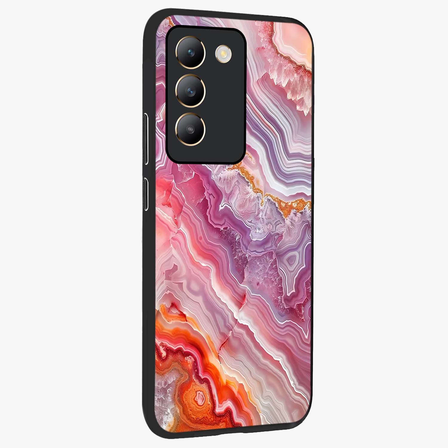 Rose Quartz Marble Glass Case upright view showcasing decorative marble artwork with luxurious pastel theme.