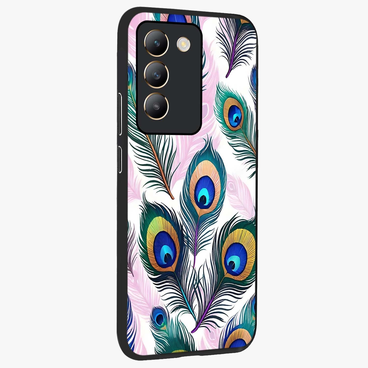 Royal Peacock Feathers Glass Case upright view showcasing elegant peacock feather artwork with decorative royal theme.
