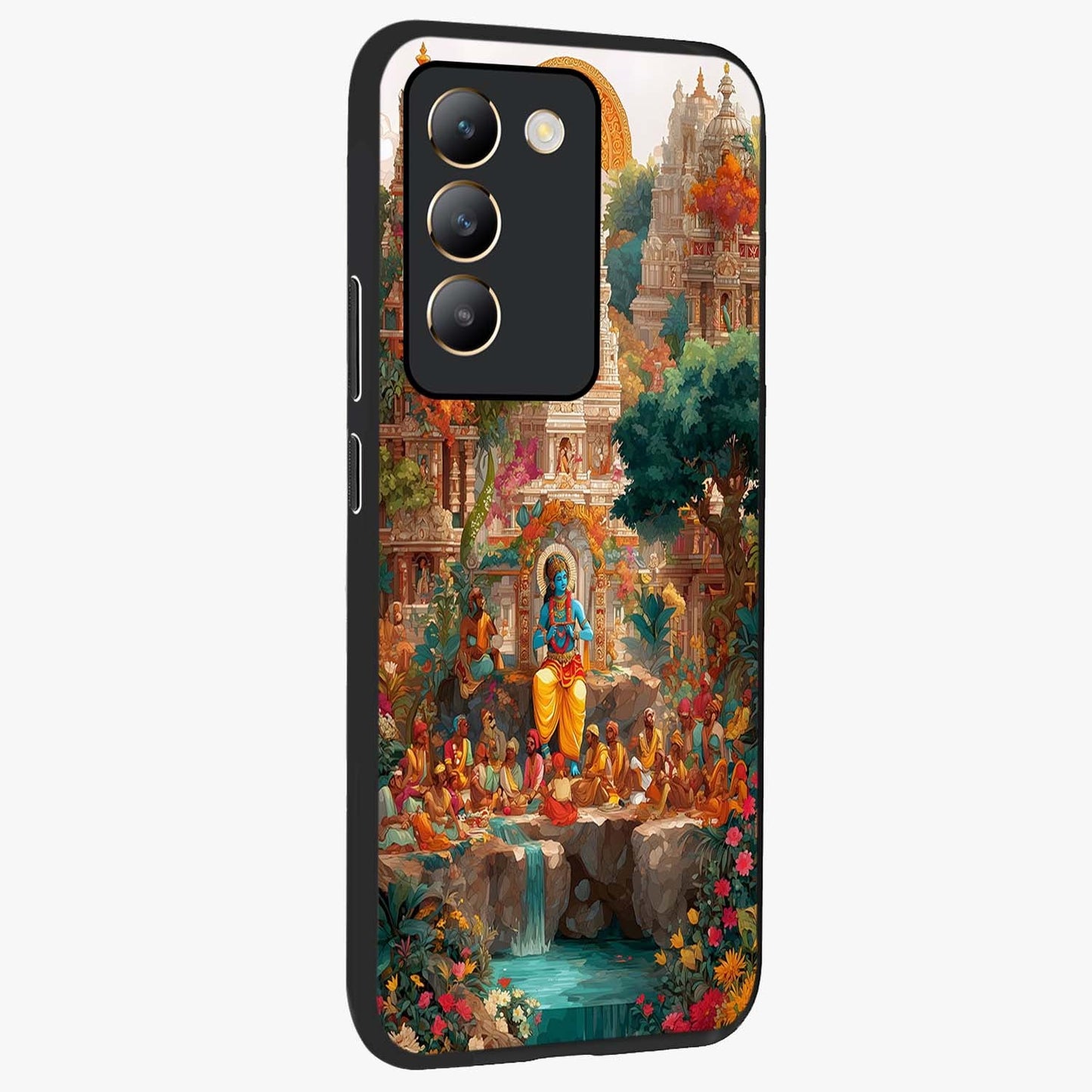 Sacred Sunlight Gods Glass Case upright view showcasing glowing divine artwork with sacred mythological theme.