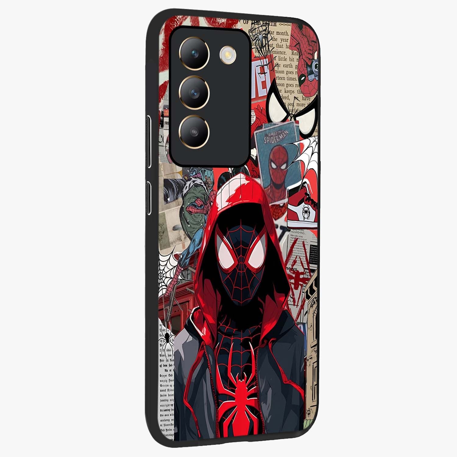 Spider Collage Street Glass Case upright view showcasing bold superhero artwork with urban street theme.