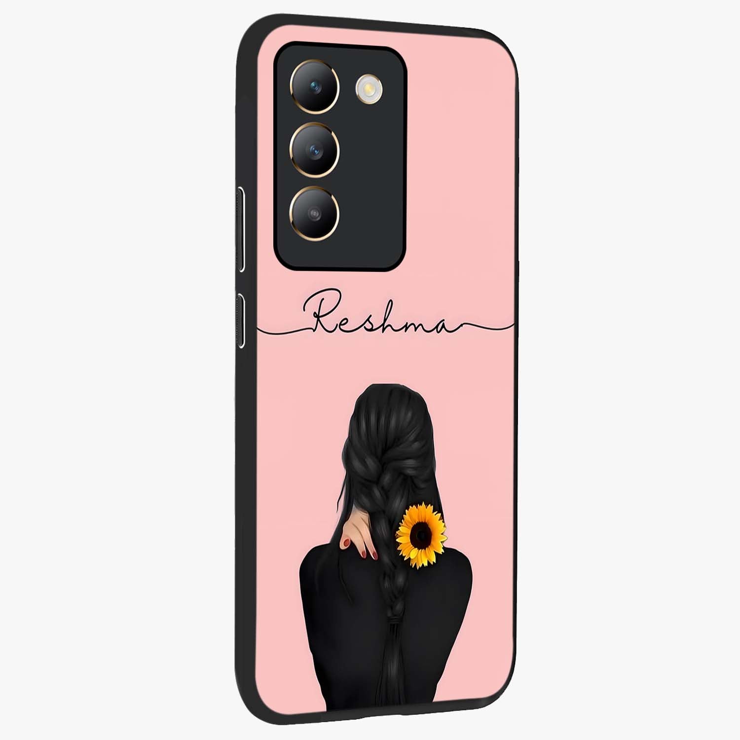 Sunflower Braid Beauty With Custom Name Glass Case upright view showcasing bright sunflower artwork with personalized floral aesthetic.