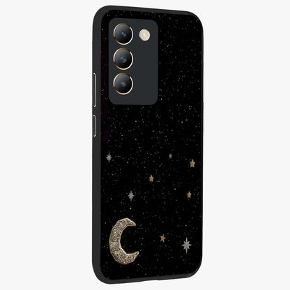 Twinkle Star With Half Moon Glass Case upright view showcasing glowing cosmic artwork with dreamy night theme.