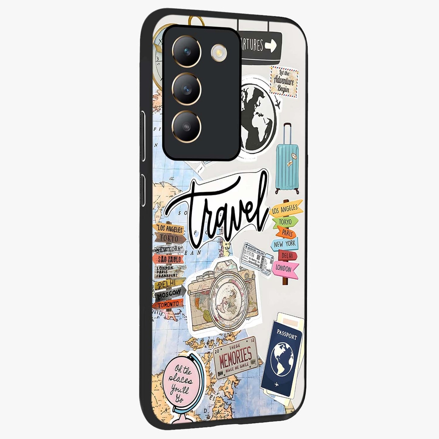 Wanderlust Journal Glass Case upright view showcasing wanderlust inspired artwork with creative exploration theme.