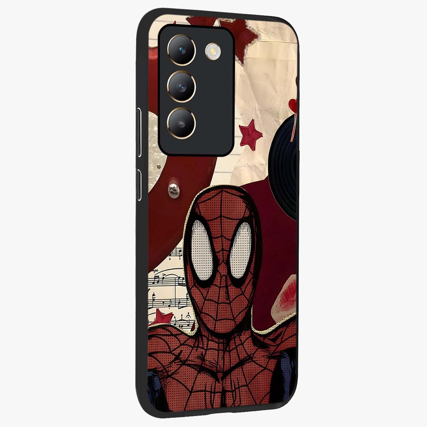 Web Warrior Vibes Glass Case upright view showcasing energetic superhero artwork with bold action theme.