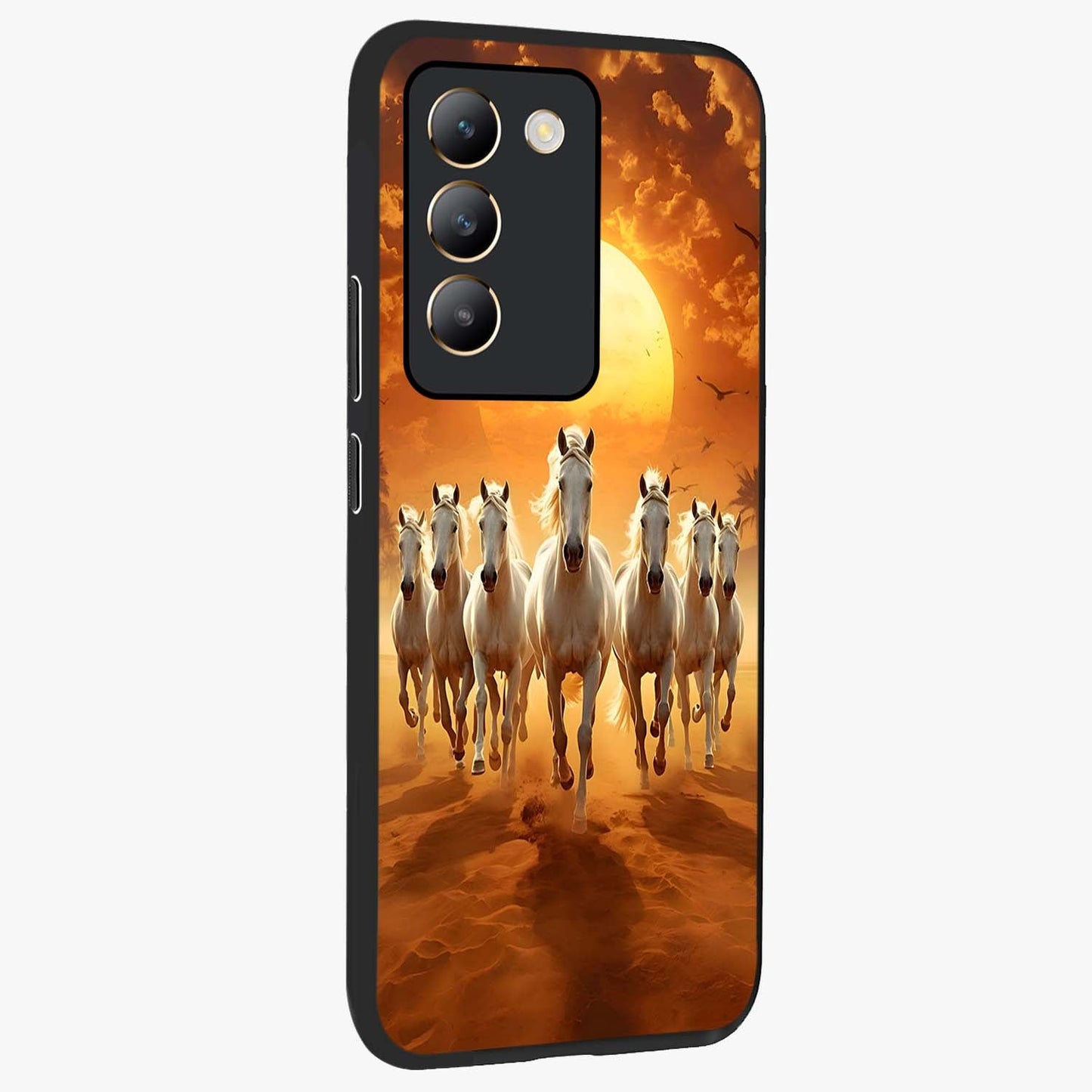 Wild Sunset Majesty Glass Case upright view showcasing dramatic sunset artwork with bold nature theme.