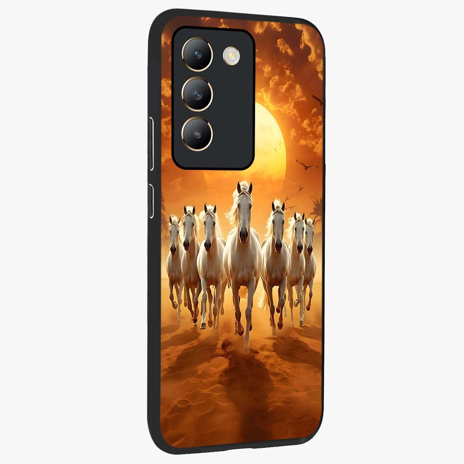 Wild Sunset Majesty Glass Case upright view showcasing dramatic sunset artwork with bold nature theme.