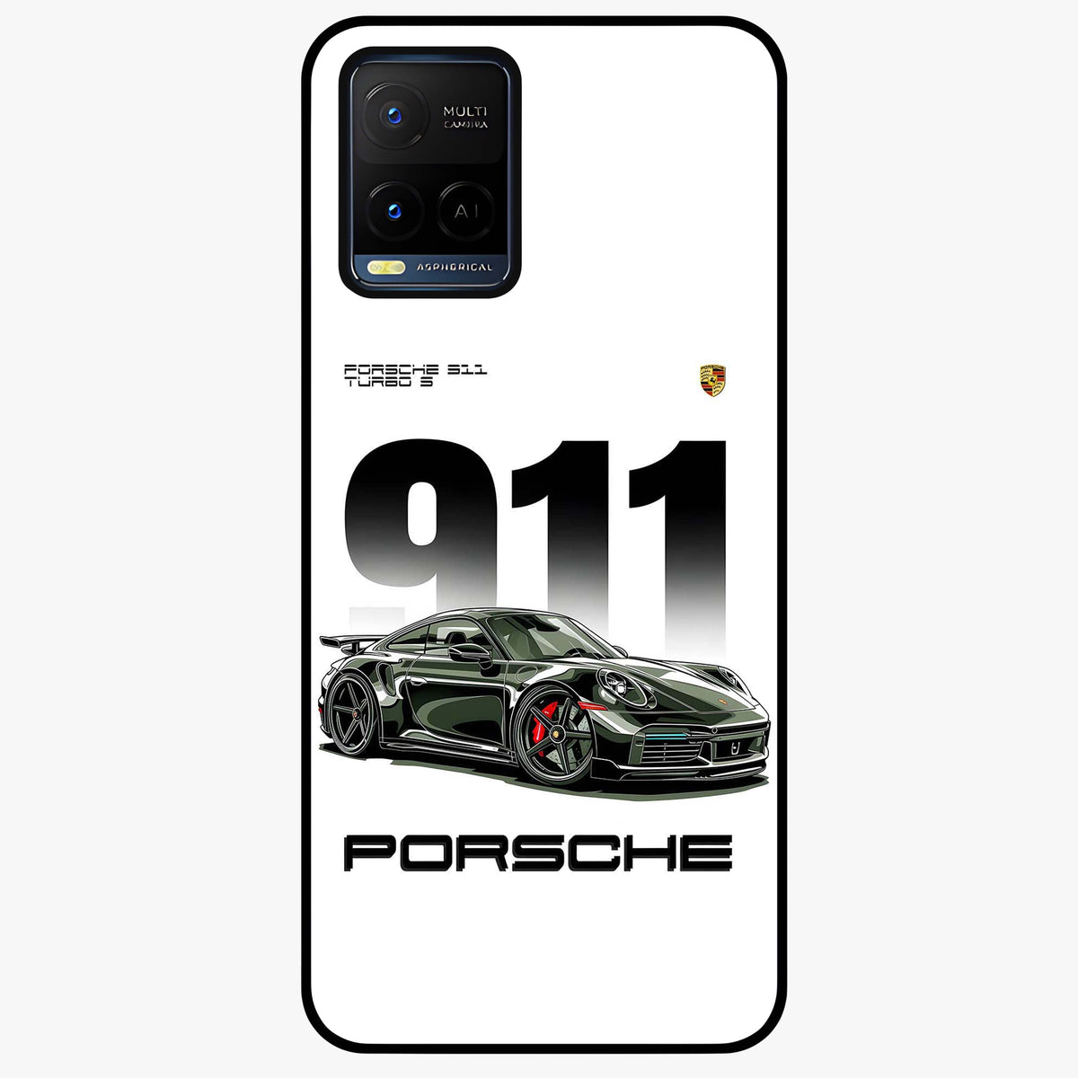911 Turbo Dominance Glass Case showing clean flat back view with bold 911 sports car artwork and glossy glass finish.