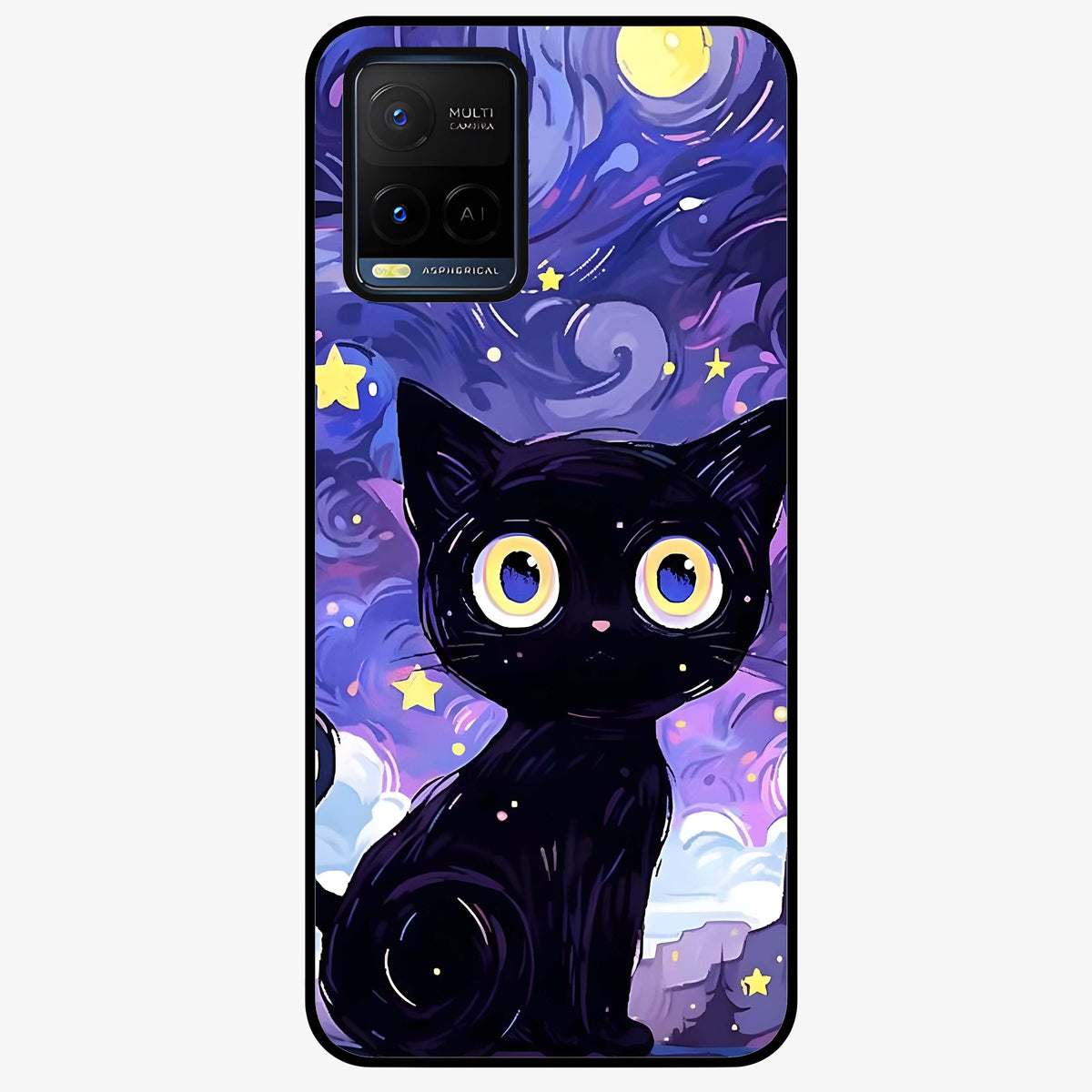Abstract Cat Art Glass Case showing flat back view with artistic cat illustration and glossy glass finish.