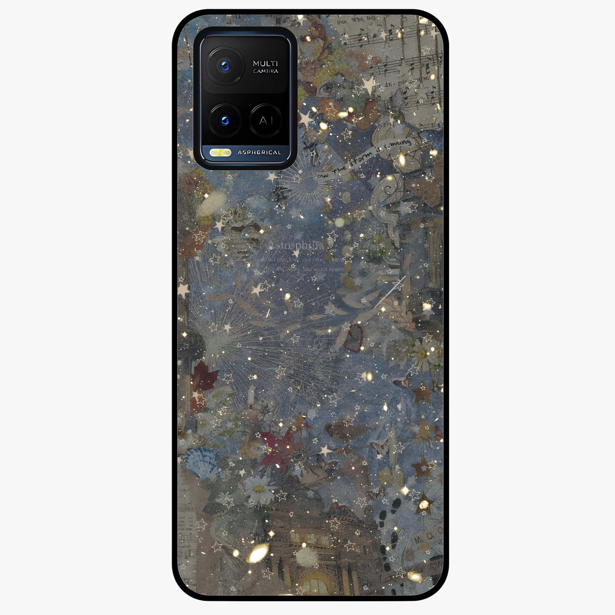 Aesthetic Astrolophia Glass Case showing flat back view with dreamy aesthetic design and glossy glass finish.