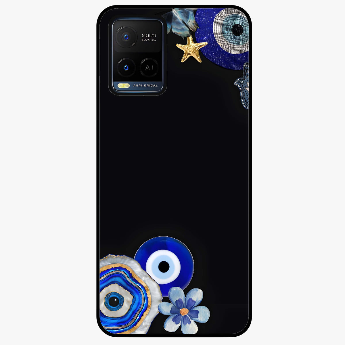 Aesthetic Blue Evil Eye Glass Case showing flat back view with protective evil eye artwork and glossy glass finish.
