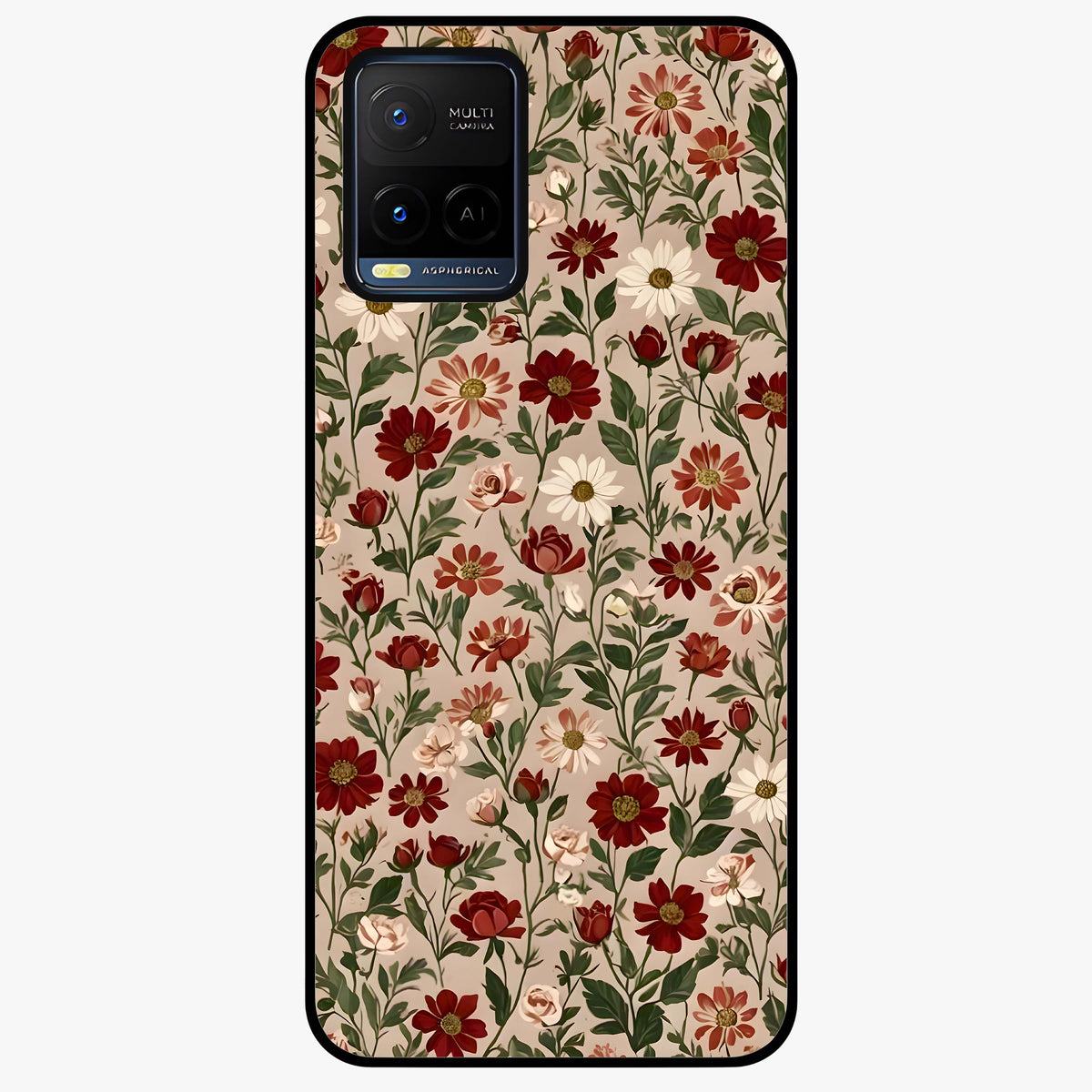 Biege Flower With Leaf Glass Case showing flat back view with soft beige floral artwork and glossy glass finish.