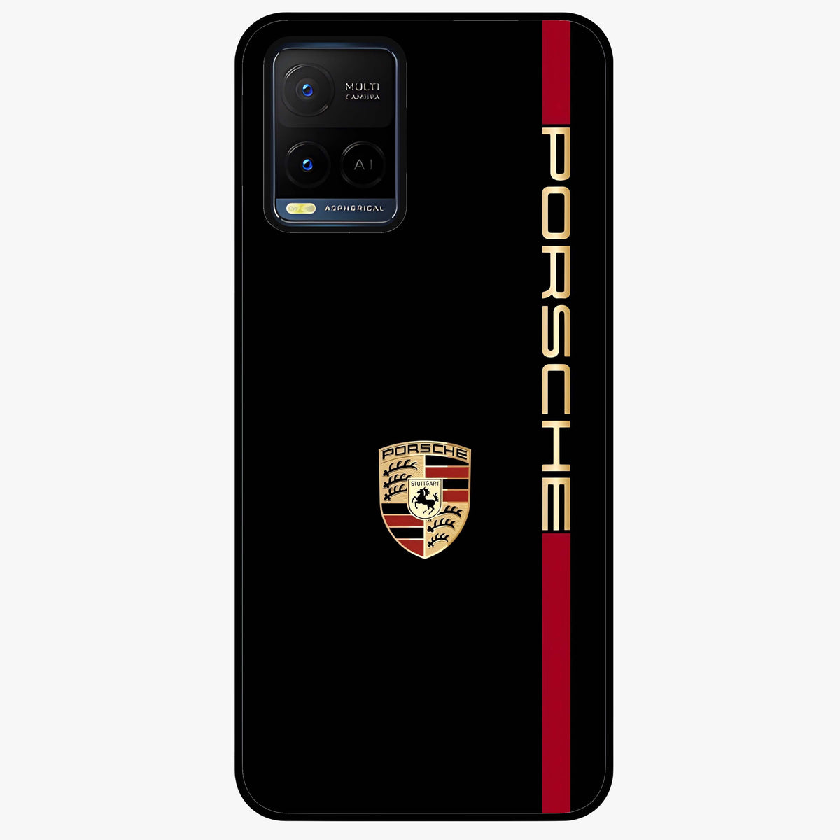 Black Minimal Porsche Glass Case showing flat back view with sleek minimal sports car artwork and glossy glass finish.