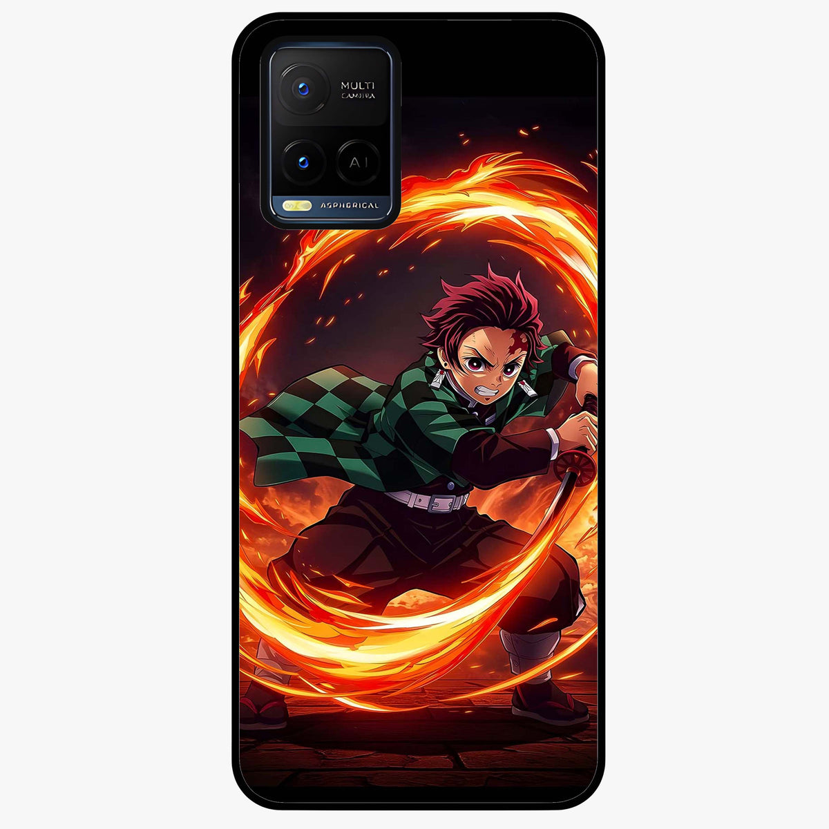 Blazing Sword Resolve Glass Case showing flat back view with fiery sword artwork and glossy glass finish.