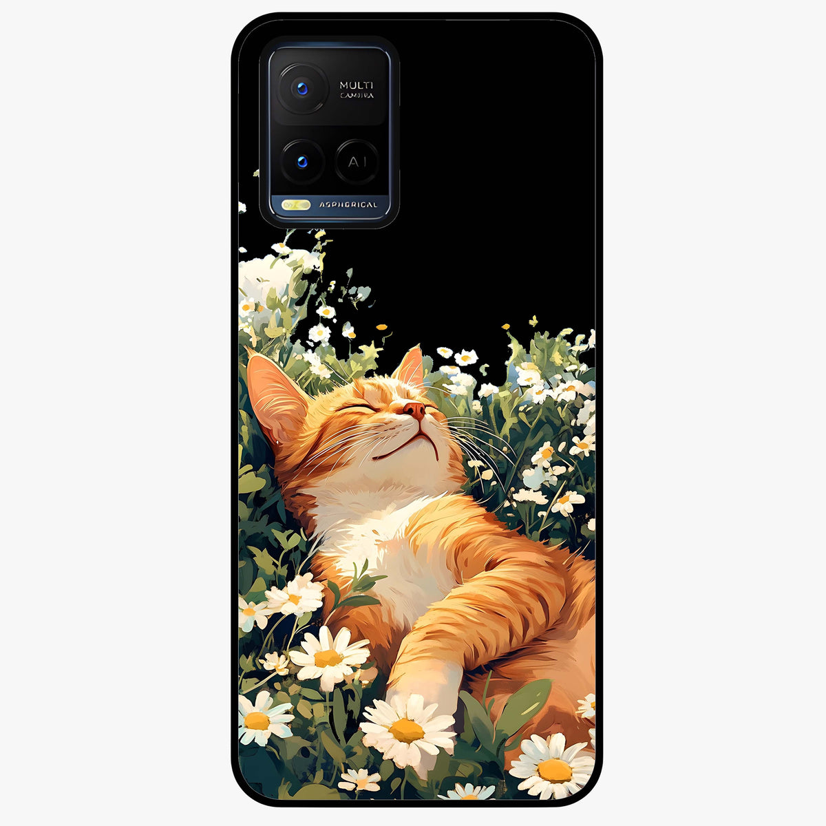 Blissful Bloom Cat Glass Case showing flat back view with cute cat and floral bloom artwork and glossy glass finish.