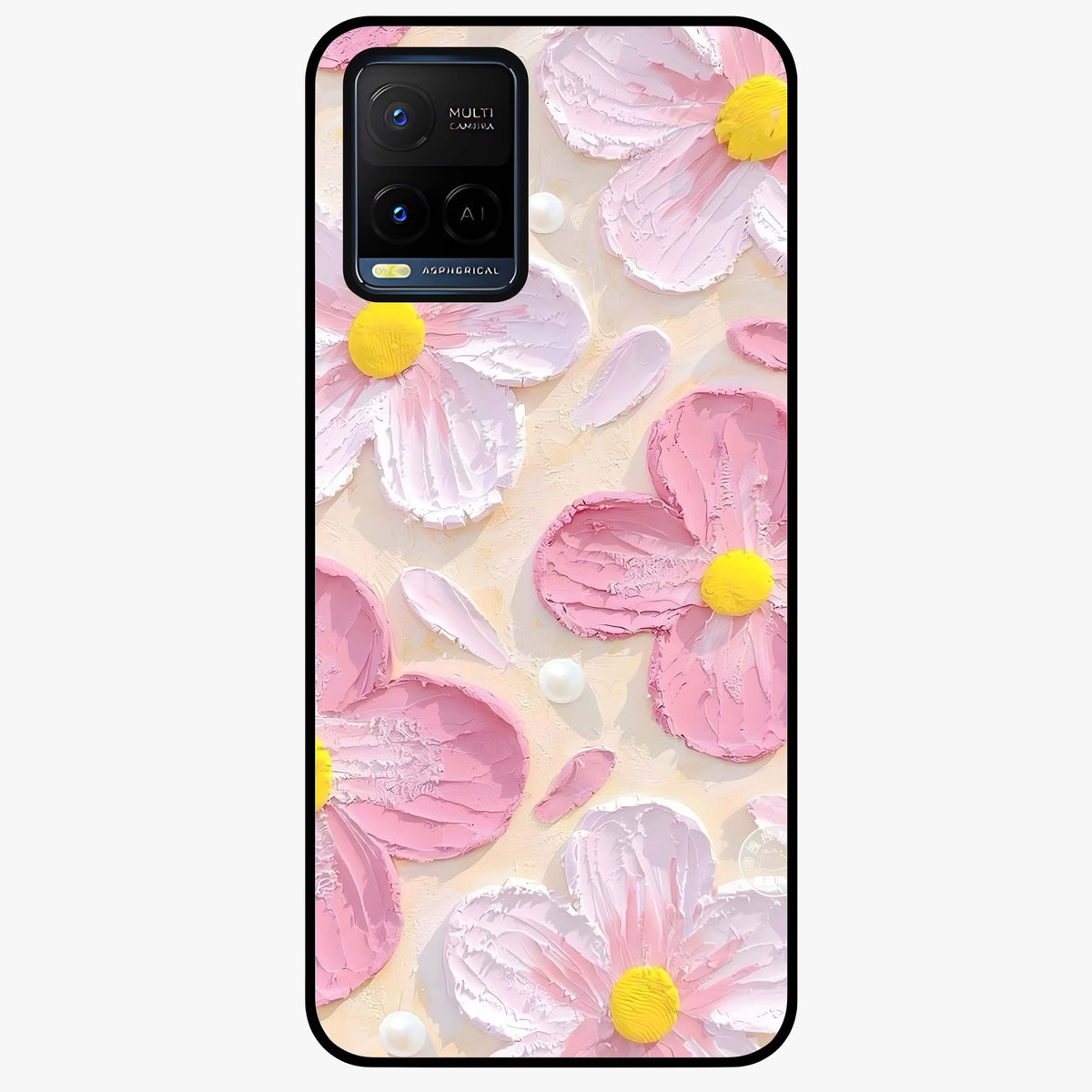 Blush Bloom Texture Glass Case showing flat back view with soft blush floral texture artwork and glossy glass finish.