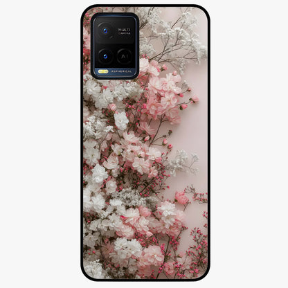 Blush Blossom Cloud Glass Case showing flat back view with dreamy blush cloud blossom artwork and glossy glass finish.