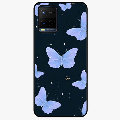 Butterfly With Stars Pattern Glass Case showing flat back view with butterfly and star pattern artwork and glossy glass finish.
