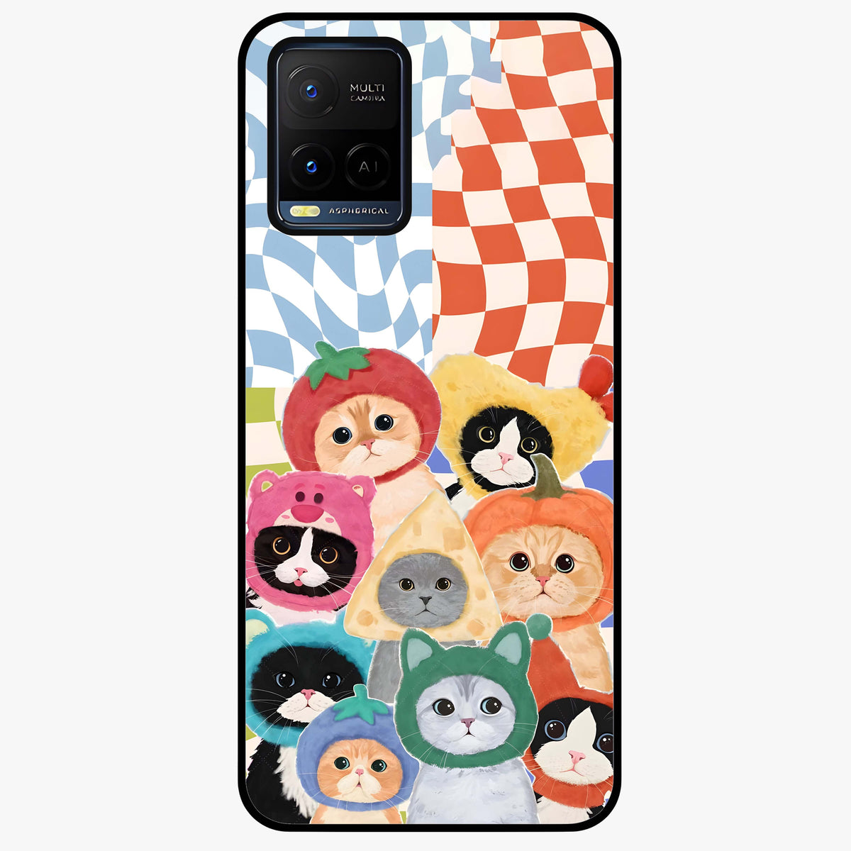 Cats in Fruits Glass Case showing flat back view with playful cat illustrations inside fruit artwork and glossy glass finish.