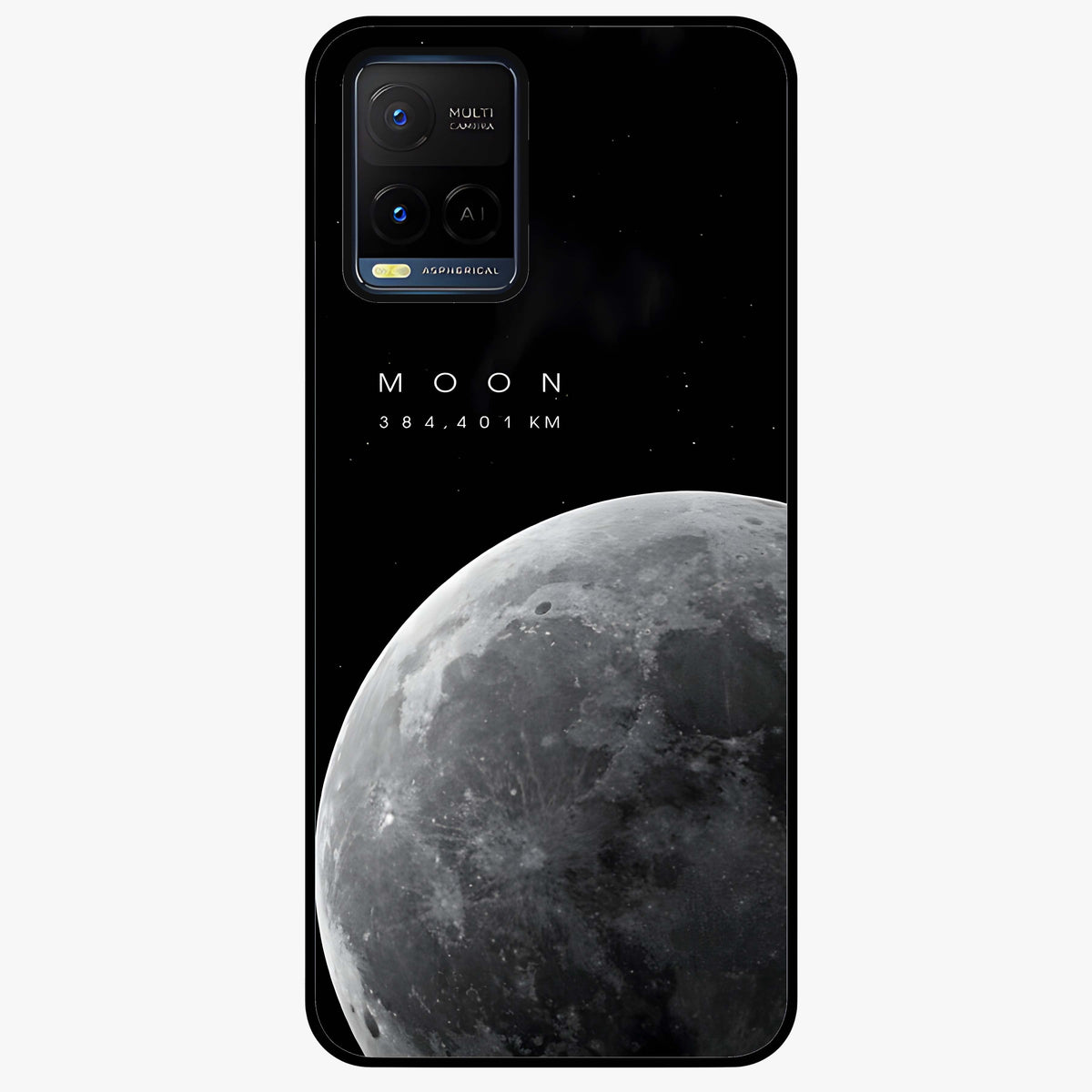 Cosmic Moon Glow Glass Case showing flat back view with glowing moon artwork and glossy glass finish.