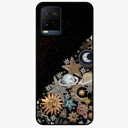 Cosmic Sparkle Dreams Glass Case showing flat back view with sparkling cosmic artwork and glossy glass finish.