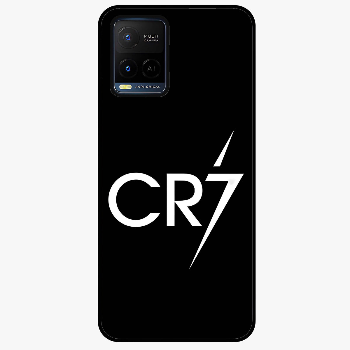 Cr7 Elite Strike Glass Case showing flat back view with dynamic football inspired artwork and glossy glass finish.