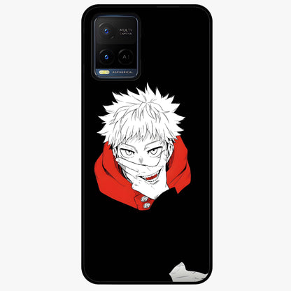 Crimson Chaos Smile Glass Case showing flat back view with bold chaotic smile artwork and glossy glass finish.