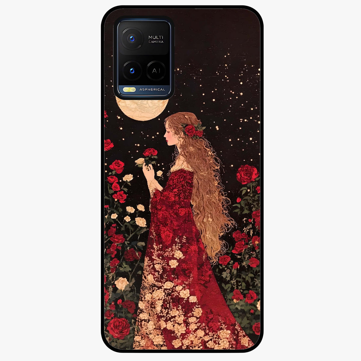 Crimson Dreams Glass Case showing flat back view with dreamy crimson artwork and glossy glass finish.