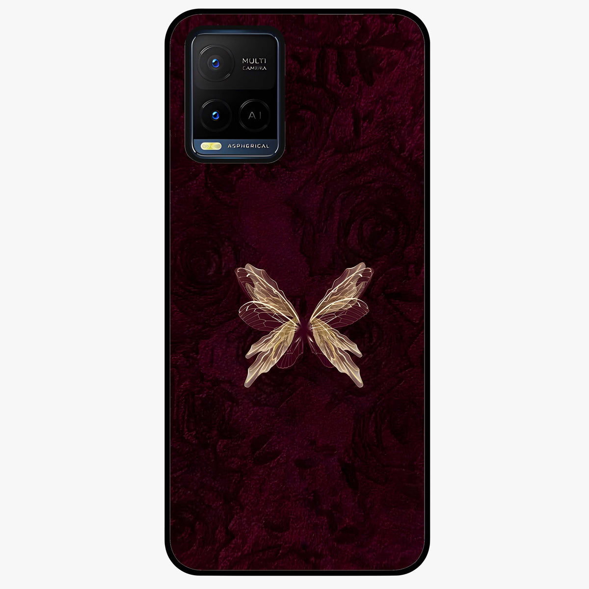 Crimson Fade Butterfly Glass Case showing flat back view with fading butterfly artwork and glossy glass finish.