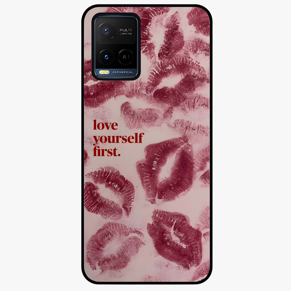 Crimson Kiss Love Glass Case showing flat back view with romantic crimson themed artwork and glossy glass finish.