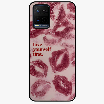 Crimson Kiss Love Glass Case showing flat back view with romantic crimson themed artwork and glossy glass finish.