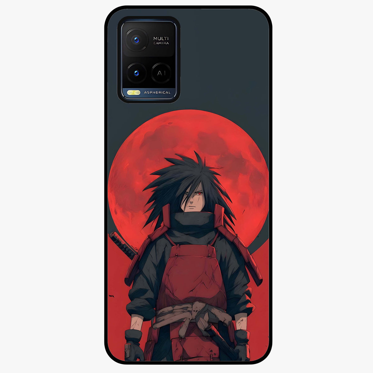Crimson Moon Warlord Glass Case showing flat back view with mystical moon warrior artwork and glossy glass finish.