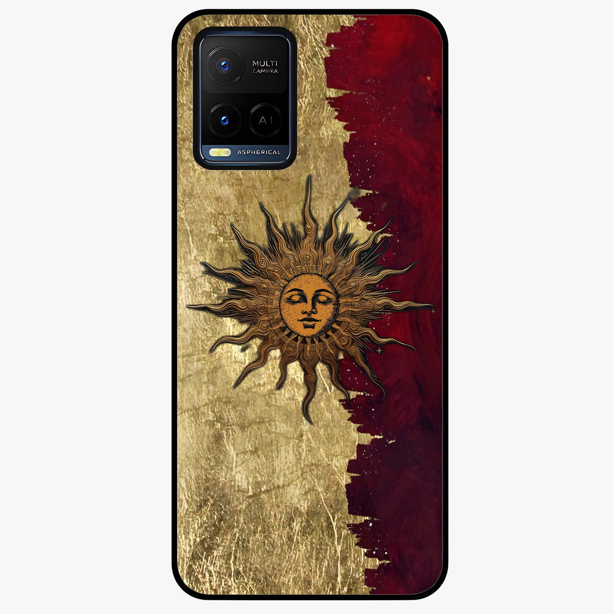 Crimson Sun Majesty Glass Case showing flat back view with radiant sun inspired artwork and glossy glass finish.