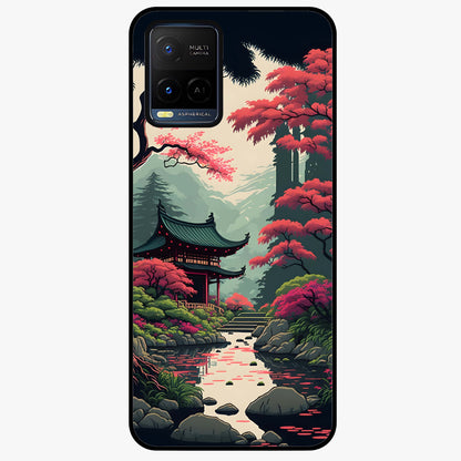 Crimson Temple View Glass Case showing flat back view with temple inspired artwork and glossy glass finish.