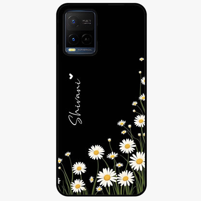 Daisy Cascade Custom Name Glass Case showing flat back view with cascading daisy flowers and personalized name design.