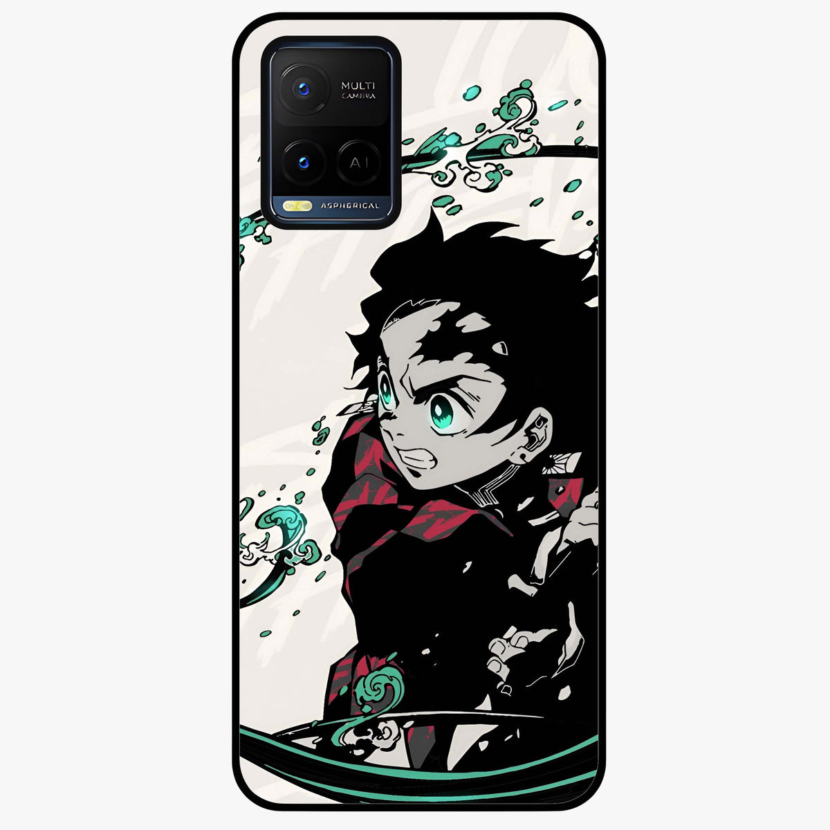 Demon Slayer Glass Case showing flat back view with bold anime inspired artwork and glossy glass finish.