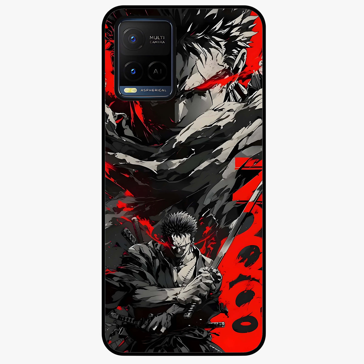 Demon Sword Resolve Glass Case showing flat back view with fierce sword warrior artwork and glossy glass finish.