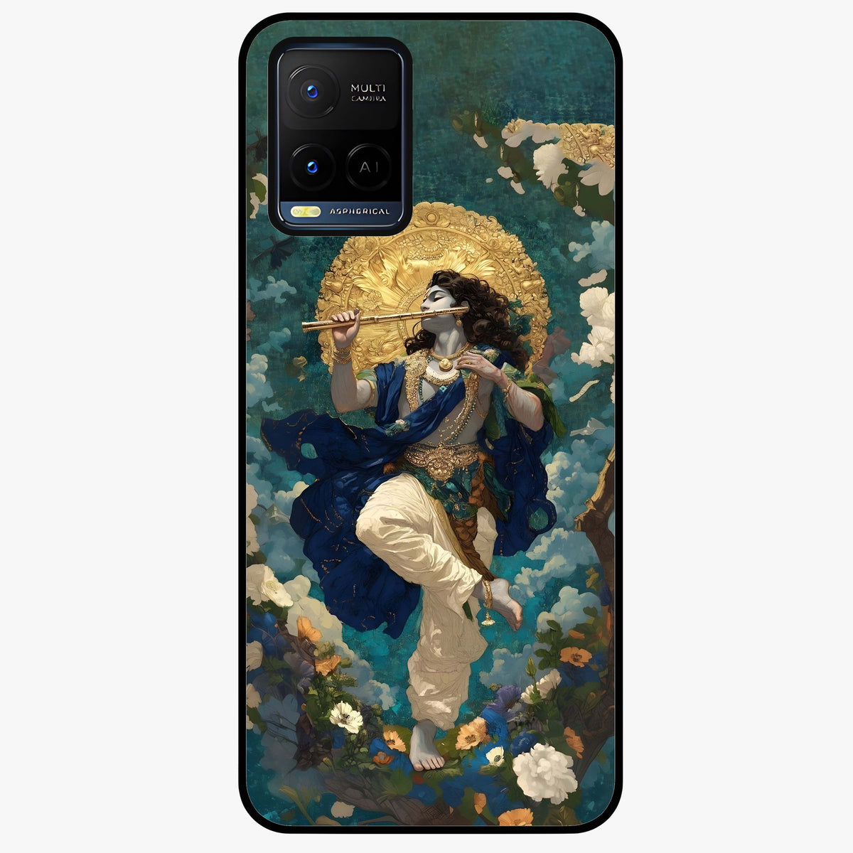 Divine Krishna Art Glass Case showing flat back view with Lord Krishna artwork and glossy glass finish.