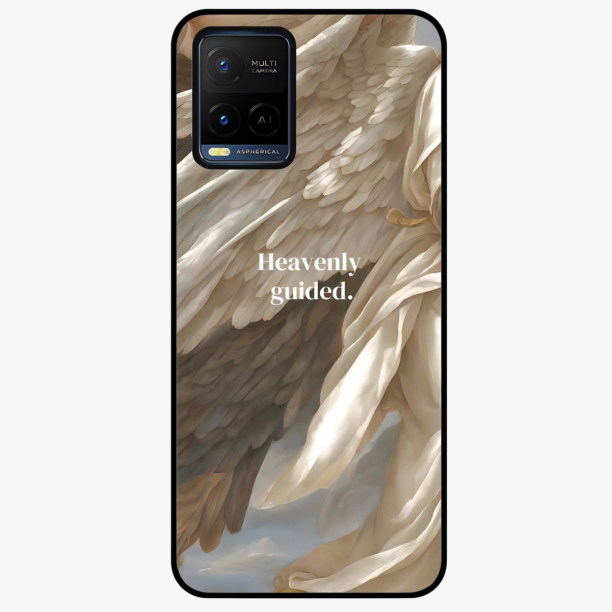 Divine Winged Grace Glass Case showing flat back view with elegant wing inspired artwork and glossy glass finish.