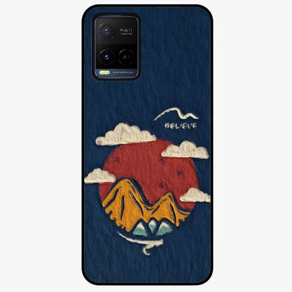 Dream Beyond Mountains Glass Case showing flat back view with scenic mountain landscape artwork and glossy glass finish.