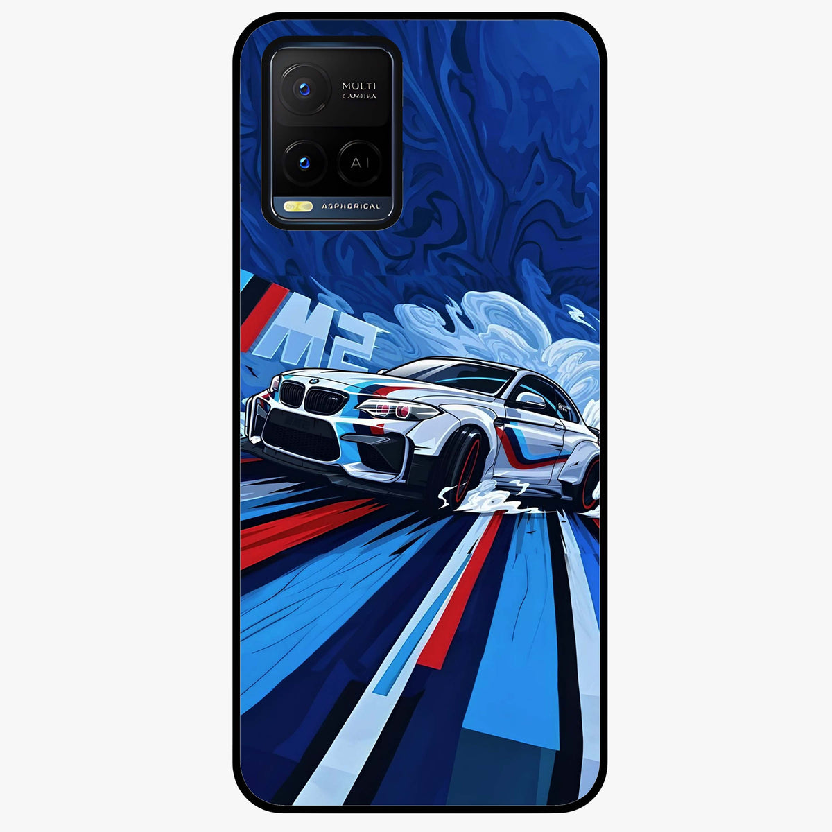 Drift Power Rush Glass Case showing flat back view with dynamic racing inspired artwork and glossy glass finish.