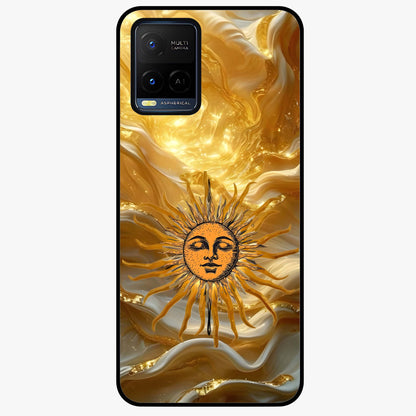 Eternal Golden Glow Glass Case showing flat back view with radiant golden themed artwork and glossy glass finish.