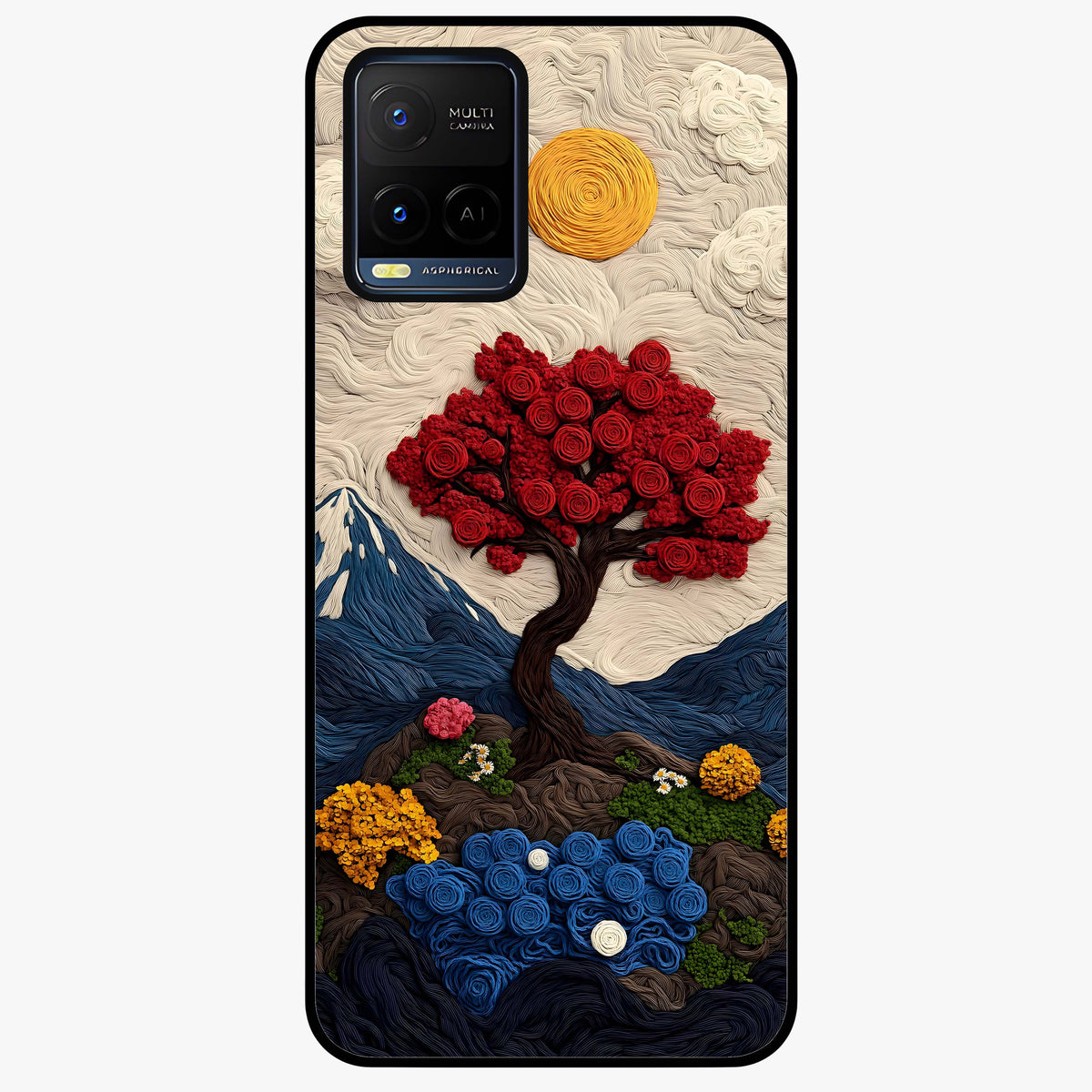 Eternal Nature Tapestry Glass Case showing flat back view with intricate nature tapestry artwork and glossy glass finish.