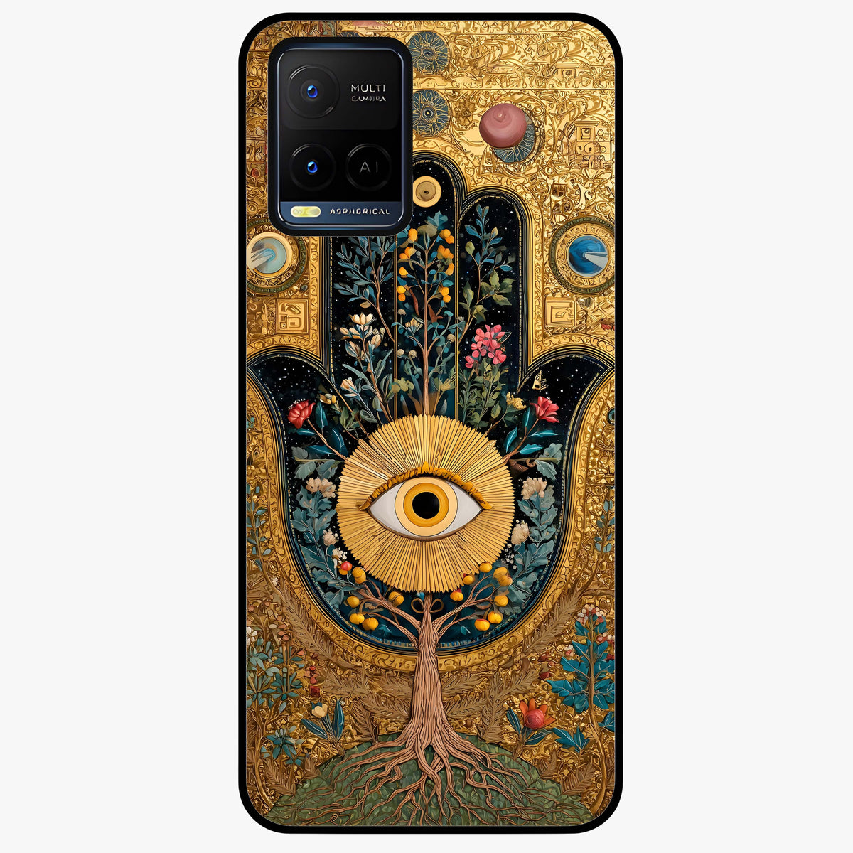 Ethereal Evil Eye Glass Case showing flat back view with mystical evil eye artwork and glossy glass finish.